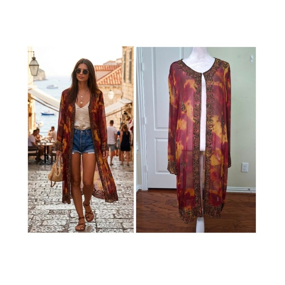 INDIGO MOON Beaded Long Open Duster Kimono Tie Dye Gold Red Medium Boho Vacation